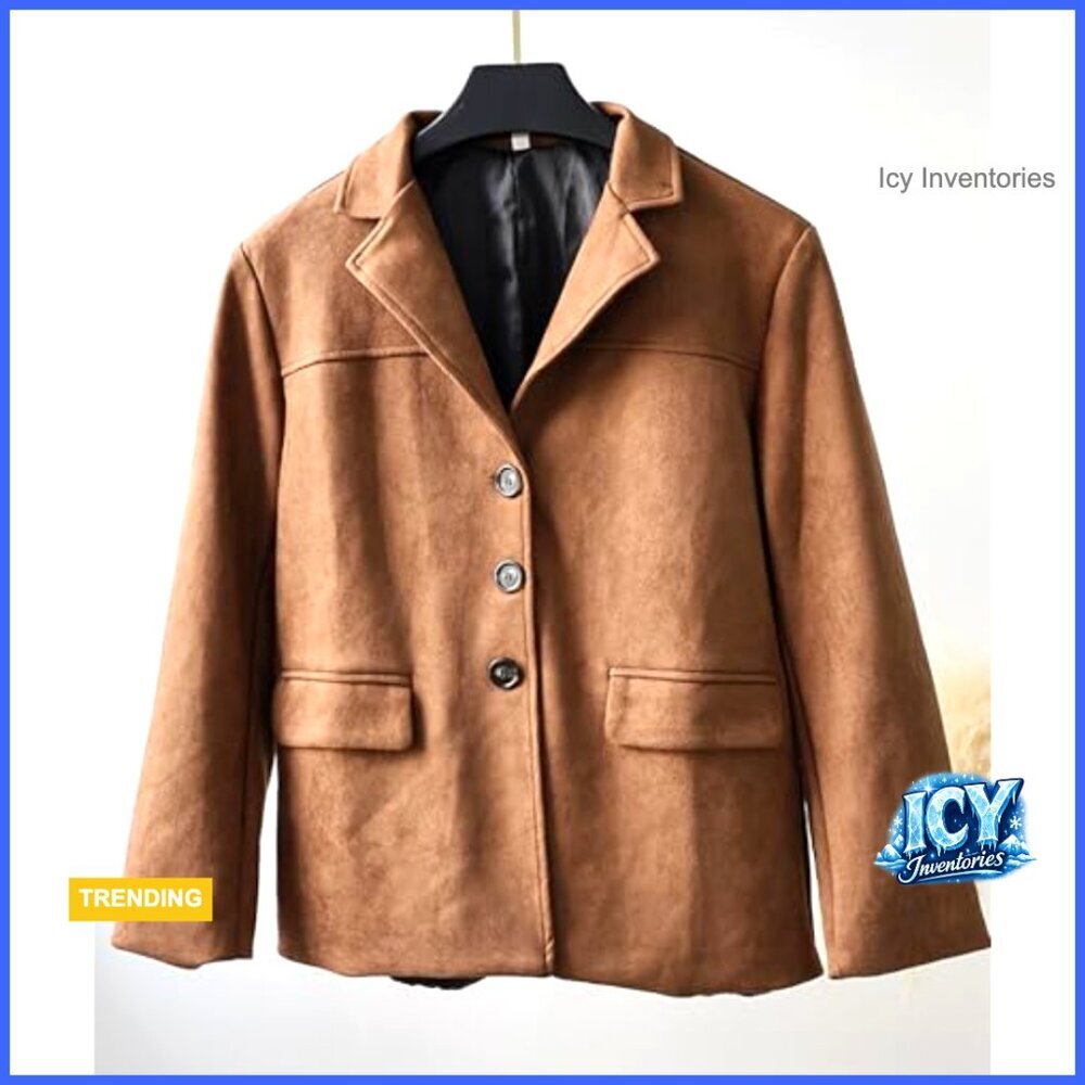 Faux Suede Oversized Blazer Jacket Button Down Lapel Trench Coat - Picture 6 of 6